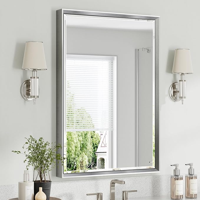 Silver Bathroom Mirror, 24x36 Inch Beveled Vanity Mirror