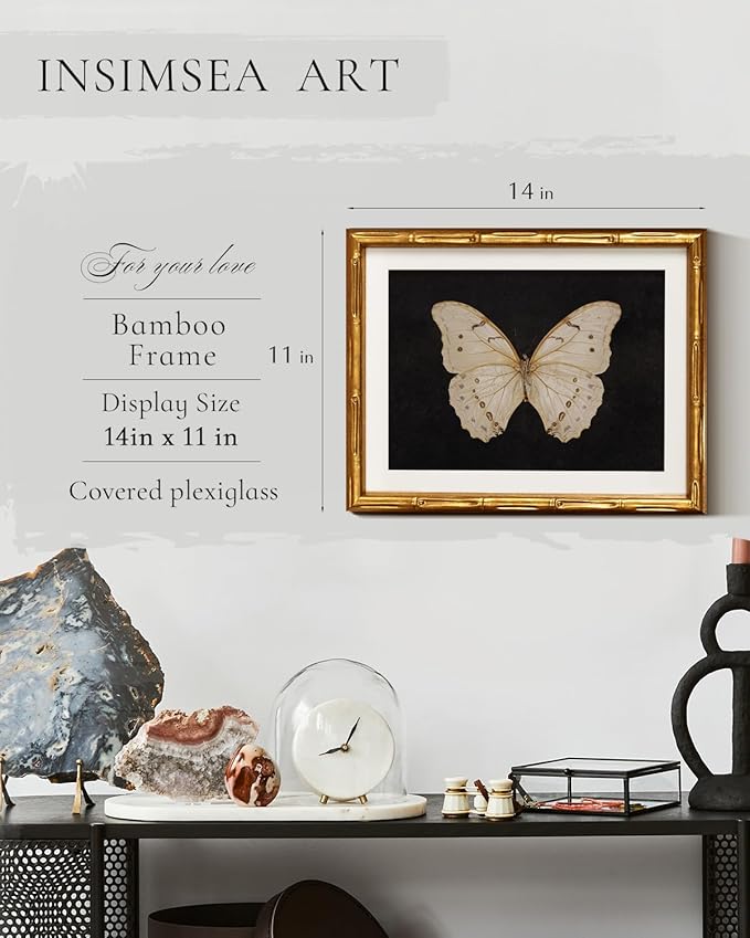 InSimSea Gold Bamboo Framed Canvas Wall Art, Retro White Butterfly Animal
