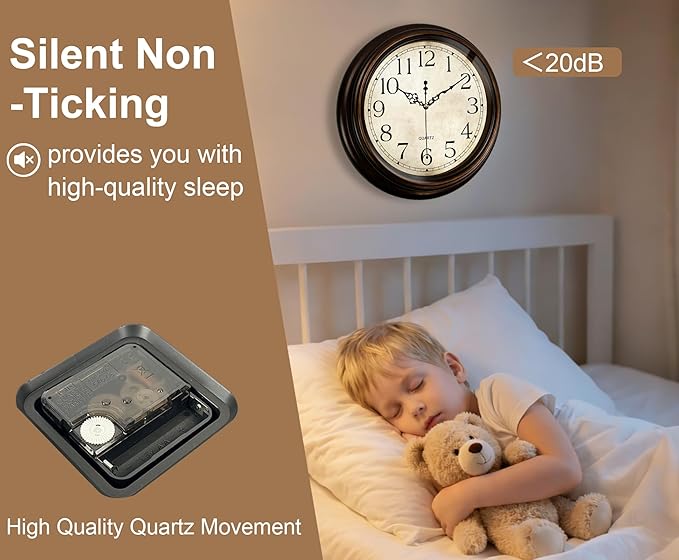 Vintage Wall Clock 13 Inch Quartz Silent Non-Ticking Analog Clock Battery