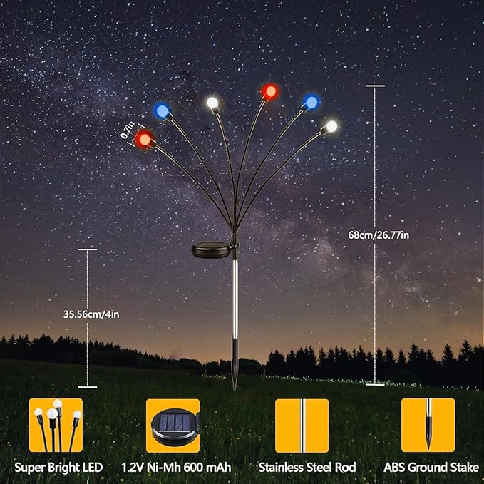 4th of July Decorations, 6 Pack Solar Firefly Lights Outdoor, 36 LED Waterproof Patriotic Decor Garden Lights with 2 Modes for 250th Anniversary National Yard Path Decorations (Red White and Blue)