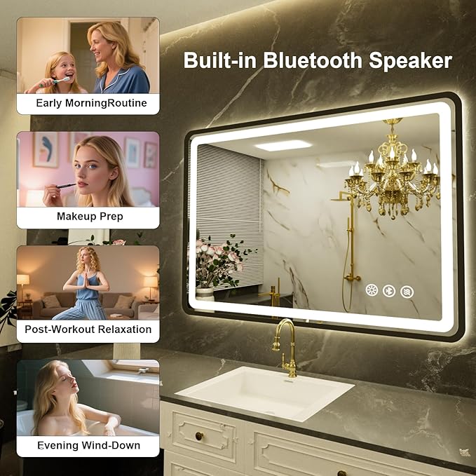 24"x36" Black Framed LED Bathroom Mirror, Lighted Wall Mounted Bathroom Mirror