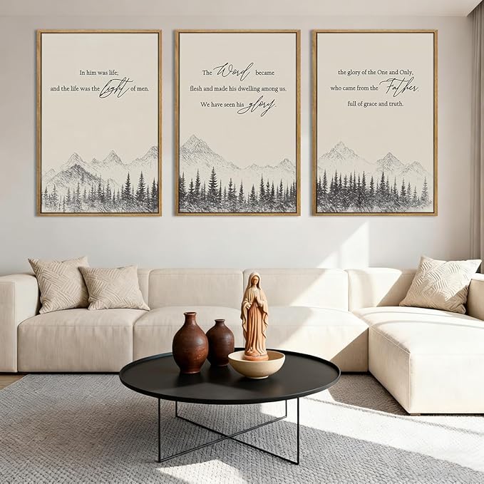 IARTTOP Large Christian Easter Framed Wall Art 16x24 Inch Neutral Mountain Forest Canvas Wall Decor Jesus Bible Verse Catholic Biblical Scripture Prints for Prayer room Living room Set of 3