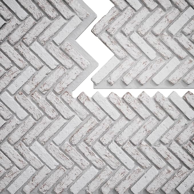 EverStone Herringbone Faux Brick Panel, 46 1/2"W x 25 1/4"H x 1"D, Rustic White