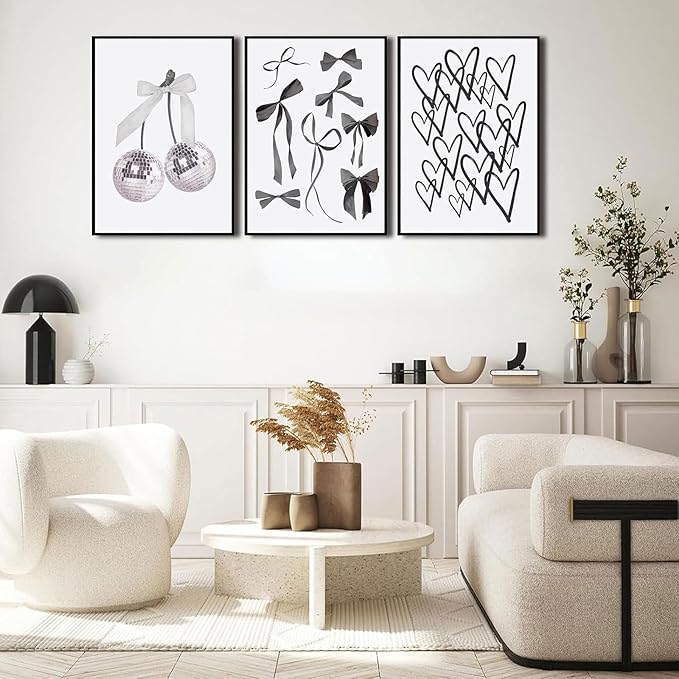 BOKPEN 3pcs Black and White Trendy Preppy Wall Art Bows Disco Ball Many Heart