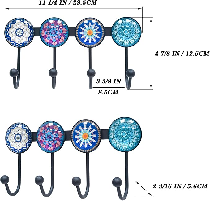 Coat Rack Wall Mounted with 4 Hooks, Round Blue Pattern Decorative Wall Hooks