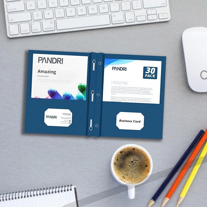 Two Pocket Folders, PANDRI 30 Pack Two Pocket Folders with Prongs, 3 Prong Folders Designed for Office and Classroom, Letter Size Darkblue