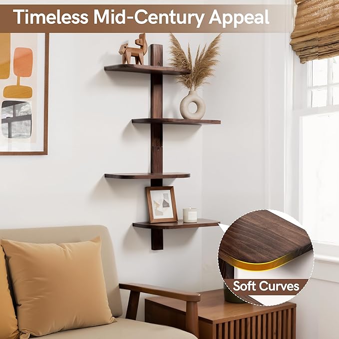 Afuly Mid Century Modern Decor Floating Shelves Walnut Display Shelf Wall Unit