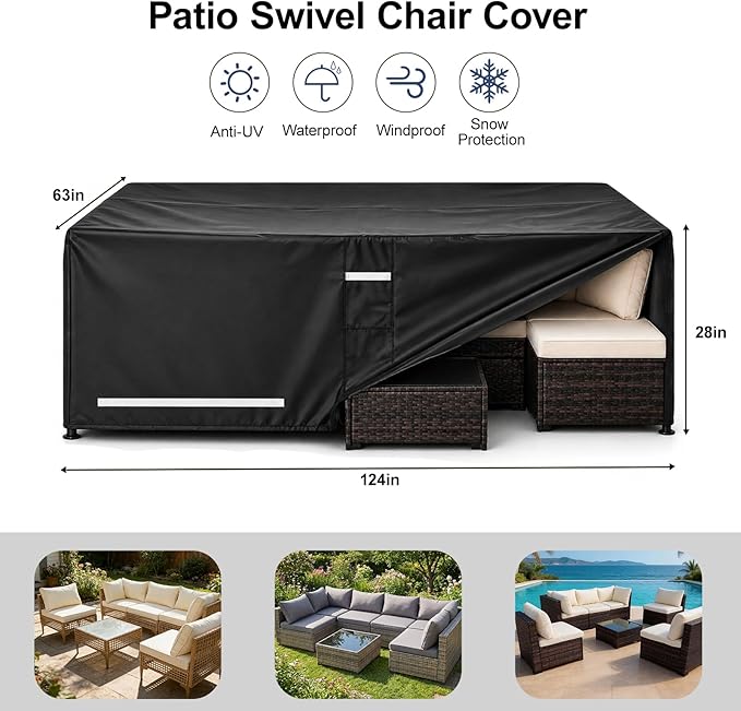 Rectangular Outdoor Furniture Covers Waterproof, Heavy Duty Patio Furniture Covers, 100% Waterproof Outdoor Couch Covers, Lawn Patio Sofa Cover with Air Vent and Handle, 124" L X 63" W X 28" H
