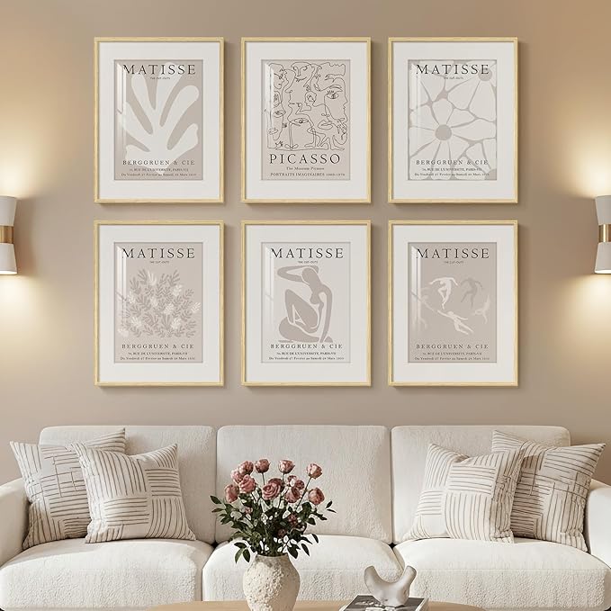 Framed Neutral Abstract Wall Art, 6 Piece Modern Matisse Prints Artwork