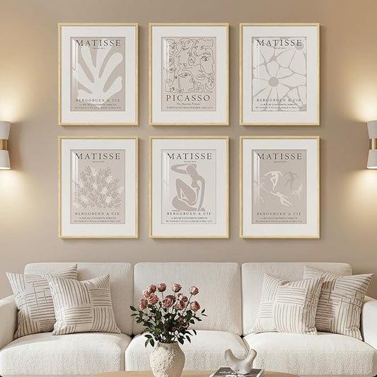 Framed Neutral Abstract Wall Art, 6 Piece Modern Matisse Prints Artwork