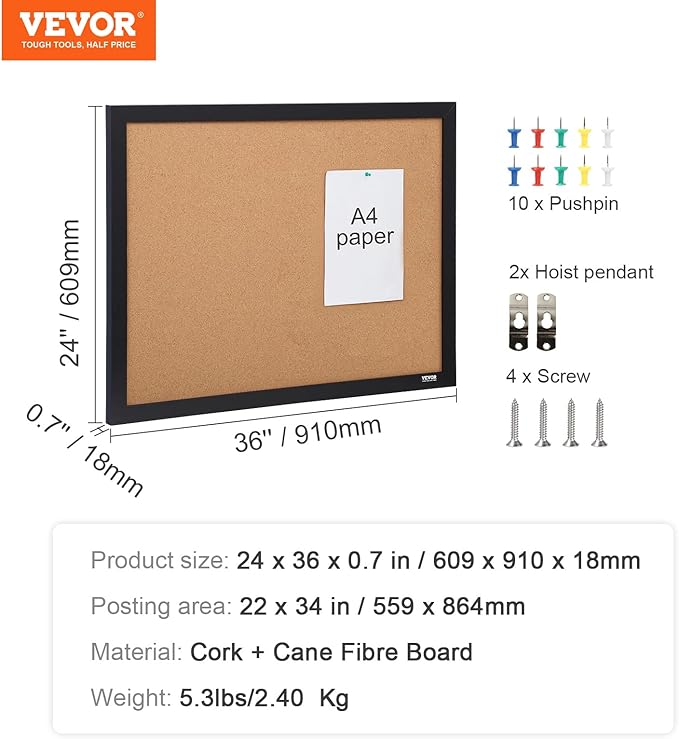 VEVOR 24 x 36 Cork Board, Large Bulletin Board