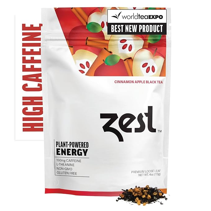 Zest 150mg High Caffeine Energy Loose Leaf Blend - Cinnamon Apple Black Tea - 4 Oz - All Natural Strong Flavored Healthy Coffee Alternative Highly Caffeinated Substitute - Perfect for Keto Diet