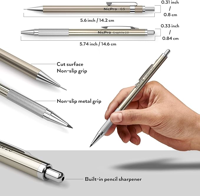 Nicpro 29PCS Metal Mechanical Pencil Set in Leather Case, 0.3 & 0.5 & 0.7 & 0.9 & 2mm Lead Pencil Holder, (6B 4B 2B HB 2H 4H) Lead Refills (Black & Colors), Erasers For Art Drafting Sketching Drawing