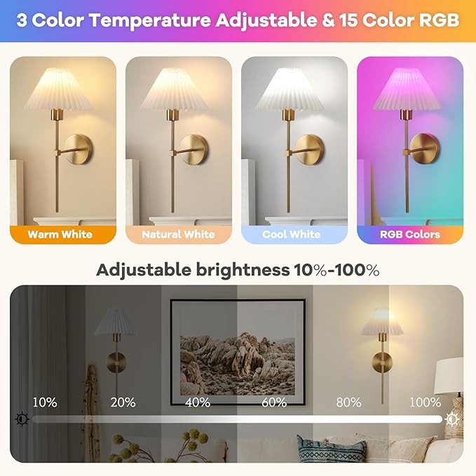 Gold Wireless Wall Sconce Sets of 2, Pleated Shades Rechargeable Battery