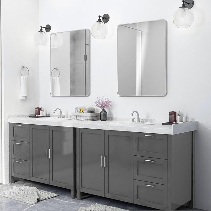 Silver Framed Bathroom Mirror, Brushed Nickel Large Rounded Corner Rectangle