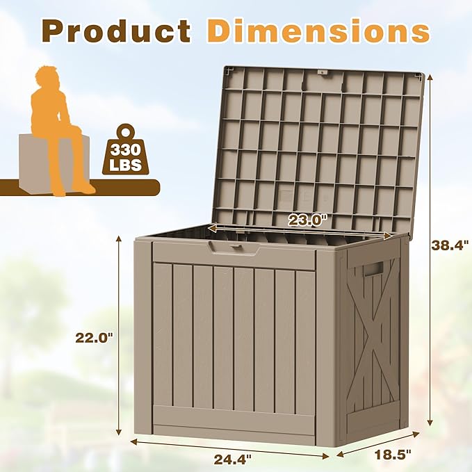 Flamaker Resin Deck Box 40 Gallon Waterproof Outdoor Indoor Storage Box Imitation Wood Resin for Patio Furniture Garden Tools and Pool (Brown)
