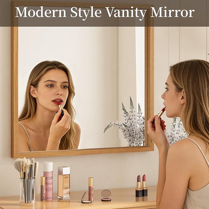 Syndra Square Natural Wood Frame Bathroom Mirror, Waterproof Slim Deep Frame