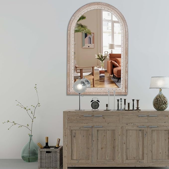 36x24 Inch Rustic Farmhouse Arched Wall Mirror, Boho Distressed Wooden Frame