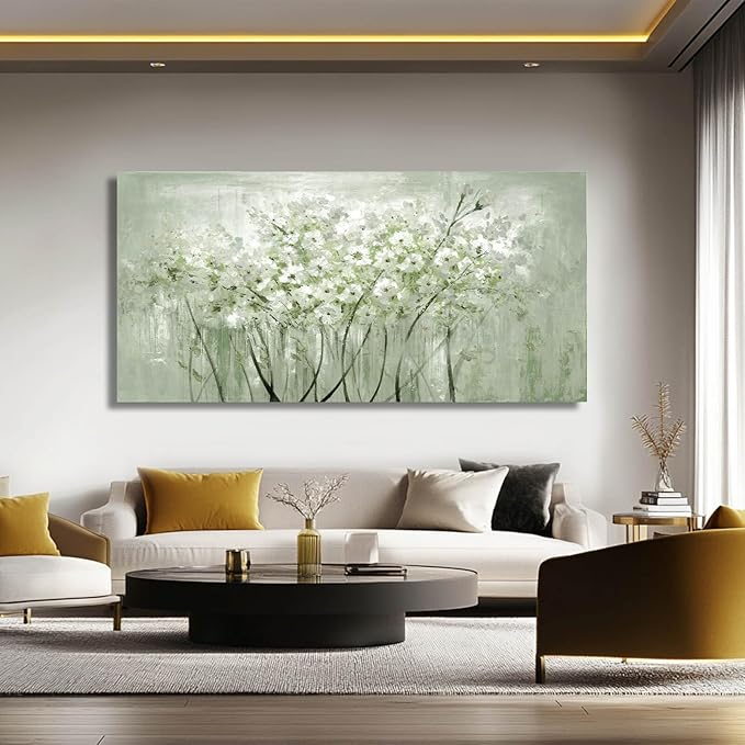 MLART99 Modern Artwork Wall Decor White Flowers Picture Art 24"x48" Plant Wall