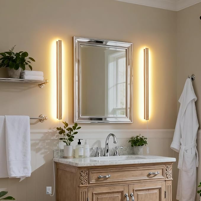 Modern Plug in Long Wall Sconce, 31.4 inch Faux Wood Texture Finish LED Wall