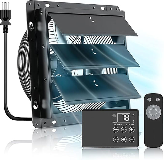 12 Inch Upgraded Shutter Exhaust Fan with Thermostat & Remote Control, Automatic On/Off by Temperature, 980 CFM Wall Mounted Garage Fan for Attic, Greenhouses, Sheds, Chicken Coops & Shops