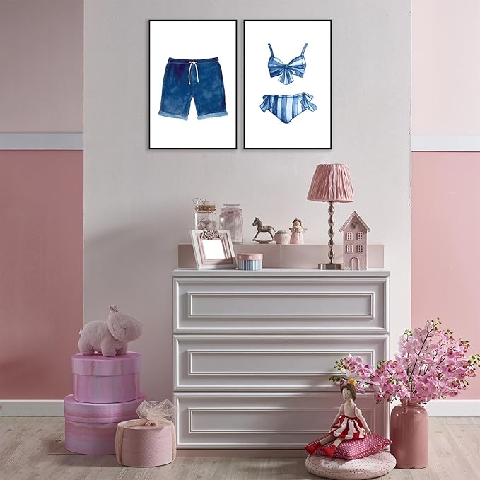 Liyark Set of 2 Retro Navy Blue And White Swimsuit Art Posters Beach Bathing