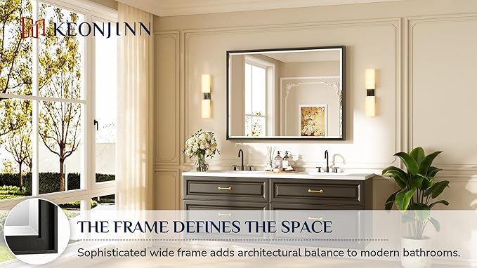 Keonjinn 48" x 36" Large Black Bathroom Mirror, Aluminum Alloy Frame Rustproof