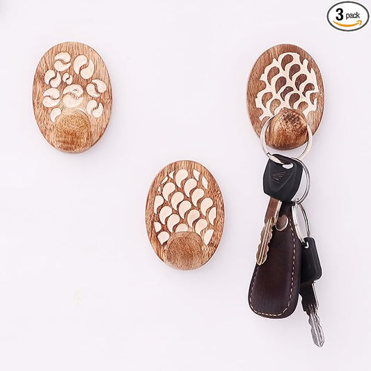 Indian Shelf 6 Lb- 3 Pieces Decorative Wood Adhesive Wall Hooks–Boho Peel and