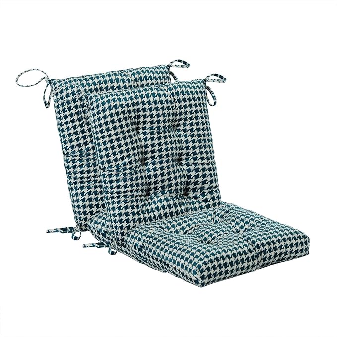 Outdoor Patio Cushion, Rocking Chair Cushion, Tufted Pads, Set of Upper and Lower with Ties Pack of 2 (2 Sets) - Back 20"Ã17", Seat 17"Ã17" (Green Houndstooth)