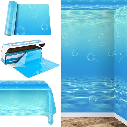 Kochorie 54 Inch x 100 Ft Ocean Waves Plastic Tablecloth Roll in Slide Cutter