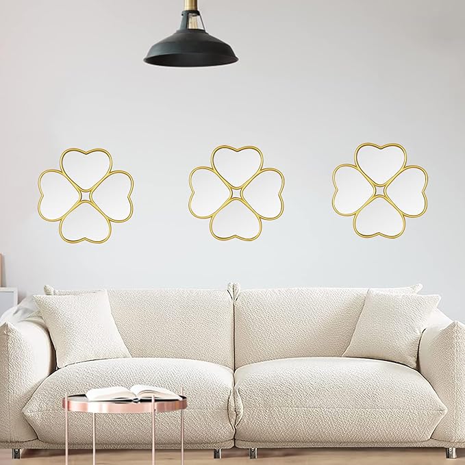 Small Decoritive Heart Wall Mirrors Set of 3, Decorative Four-Leaf Clover Mirror