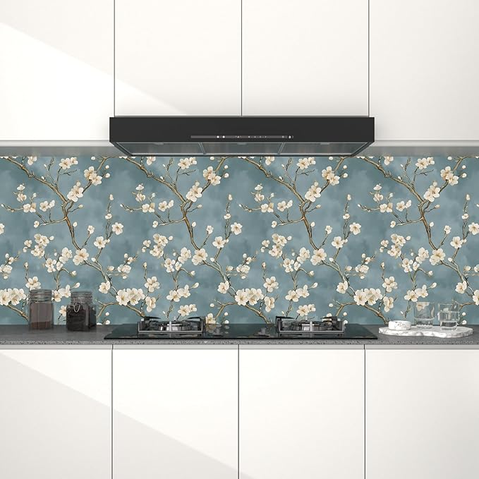 Blue Floral Wallpaper Peel and Stick Vintage White Flowers Contact Paper Vinyl