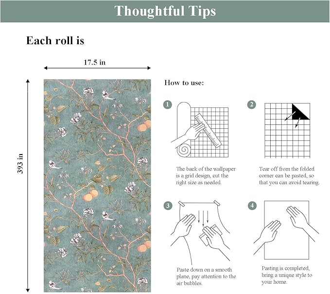 Laatse Green Floral Wallpaper Peel and Stick Bird Wallpaper 17.5" x 393"