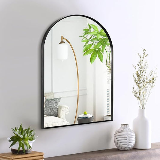 16" x 20" Black Arched Mirror, Arch Bathroom Wall Mirror, Metal Frame Arched