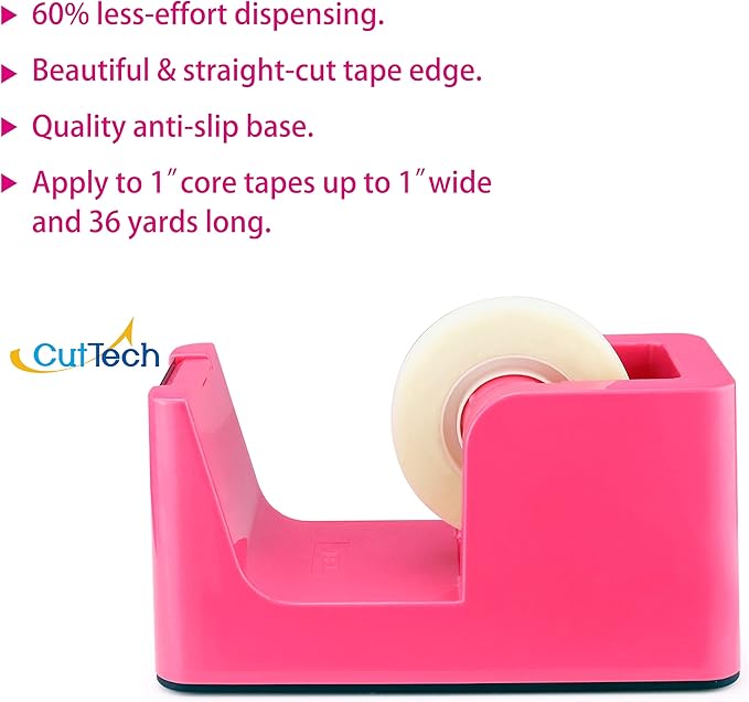 ABEL SimpleWork Desktop Tape Dispenser, Pink, 1 in Core, Non-Skid Weighted Base, Tape Cutter for Office, Home, School, and Crafts