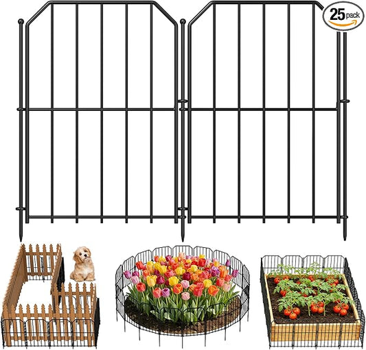 Goovilla Garden Fence, Total 25ft(L) x 24in(H) Garden Fencing Animal Barrier, 25 Pcs Rustproof Metal Wire No Dig Fence Panels, Black Decorative Garden Fences and Borders for Dogs, Flower Bed, Patio