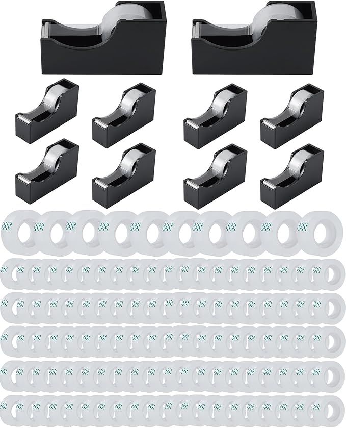 Lichamp Bulk Tape Dispenser with Refill Rolls, 120pc Clear Tape Rolls with 10pc Desk Dispenser for Office and School, 3/4 x 1000 Inches