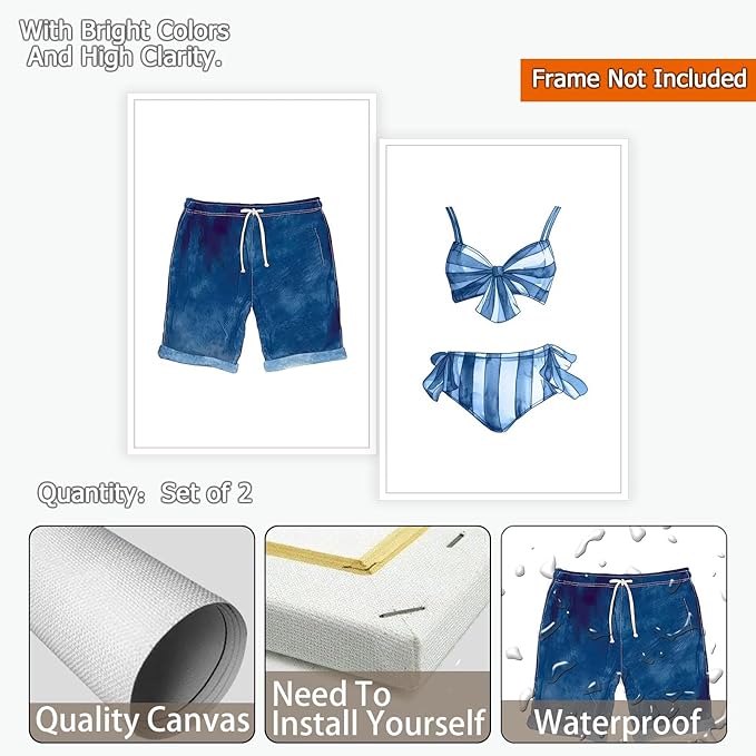 Liyark Set of 2 Retro Navy Blue And White Swimsuit Art Posters Beach Bathing