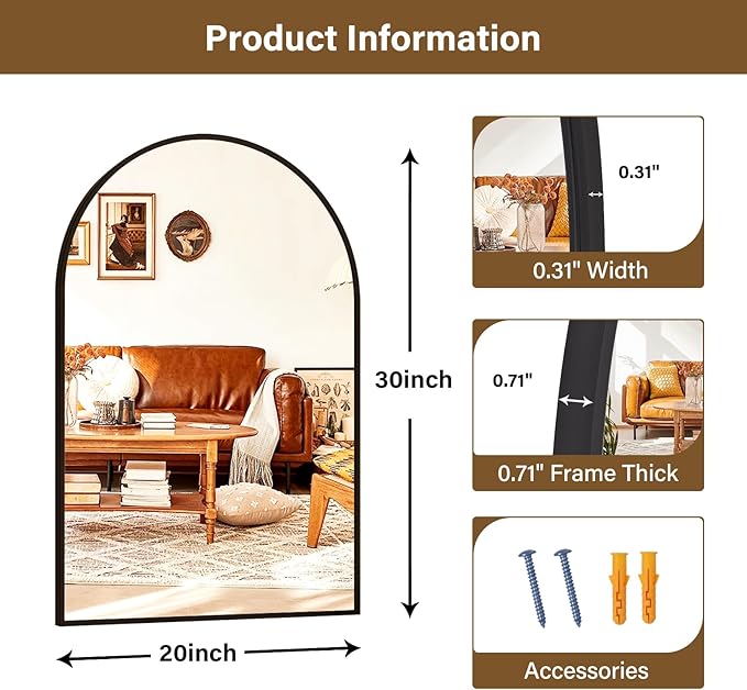 XRAMFY 20"x30" Black Arched Bathroom Mirror