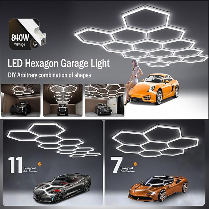 14-Hexagon LED Garage Light, 600W 60, 800LM Honeycomb Ceiling Light