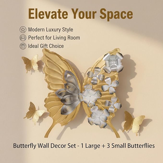 XWYLFDC Large Sized 3D Metal Wall Art Featuring Golden Butterfly