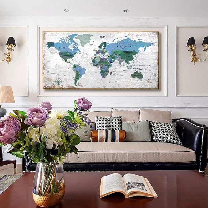 Framed Wall Art World Map Wall Art Canvas Picture 30inchx60inch Large Blue Map