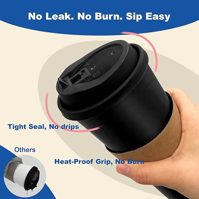 Coolcap 16 oz 50 Pack Coffee Cups with Lids and Sleeves, Straws, Hot Disposable To Go Travel Paper Cups Bulk for Office, Home Coffee Bar Accessories, Chocolate, Cocoa, Beverage (Black)