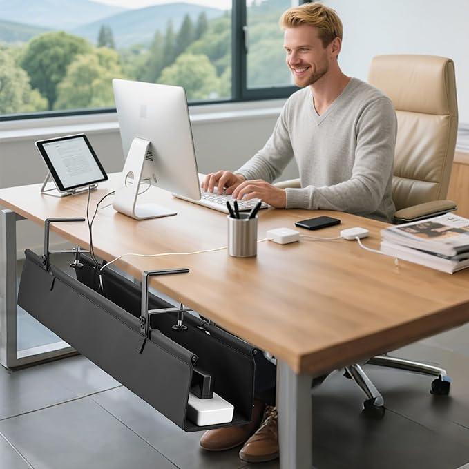 Desk Cable Management Tray, Fabric Cable Organizer, No Drill Large Clamp/Screw Mount Wire Organizer-Support Up to 30lbs, Standing Desk Cable Management for Office Home (Black,48 Inch)