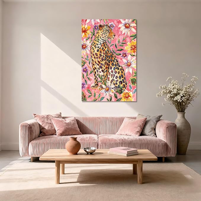 YETHEN WAL Pink Jungle Leopard Wall Art Floral Animal Canvas Prints Tropical Artwork for Bedroom Living Room Office Decor 32x48 Inch