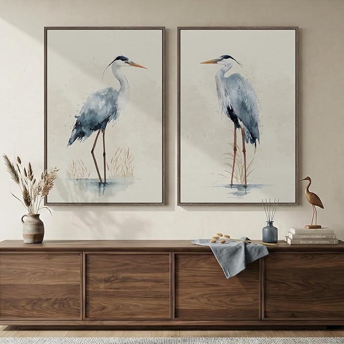 Large Framed Vintage Bird Wall Art, 2 Piece Neutral Blue Heron Canvas Painting