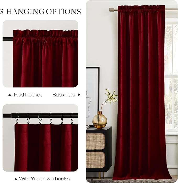 NICETOWN Christmas Red Velvet Curtains 90 inches Long 2 Panels Set, Thermal