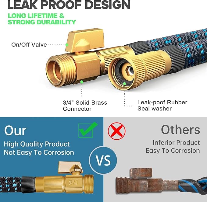 100 ft Expandable Garden Hose - Kink Free Flexible Water Hose 100ft with 10 Pattern Spray Nozzle, 3/4 Solid Brass Connectors, Retractable Latex Core - Lightweight Expanding Hose