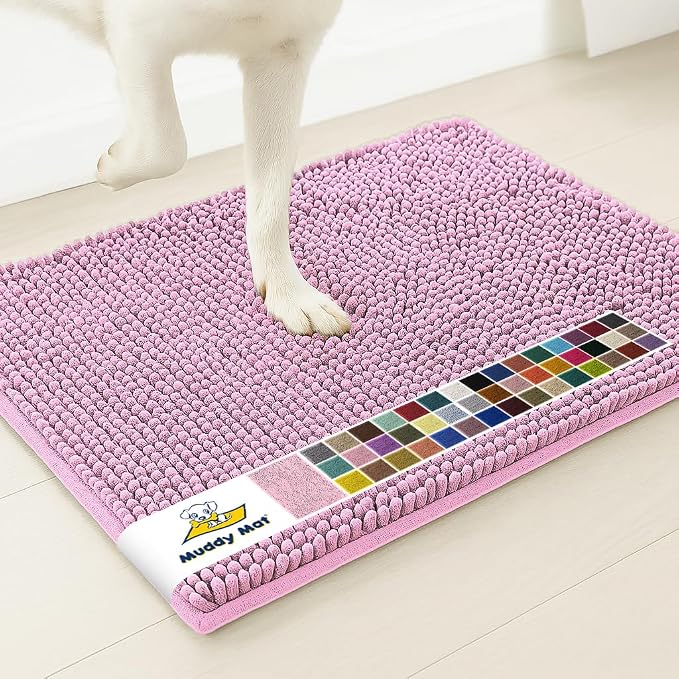 Muddy MatÂ® | Super Water Absorbent Door Mat Indoor, Microfiber Quick Dry Chenille Entryway Rug, Slip Resistant Front Door Mat, Indoor Mats for Entryway, Machine Washable Pet Rug, Pink 20" x 33"