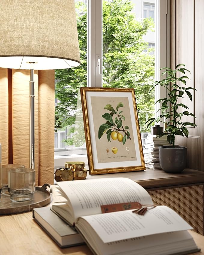 InSimSea Gold Bamboo Framed Canvas Wall Art, Retro Nature Plum Botanical